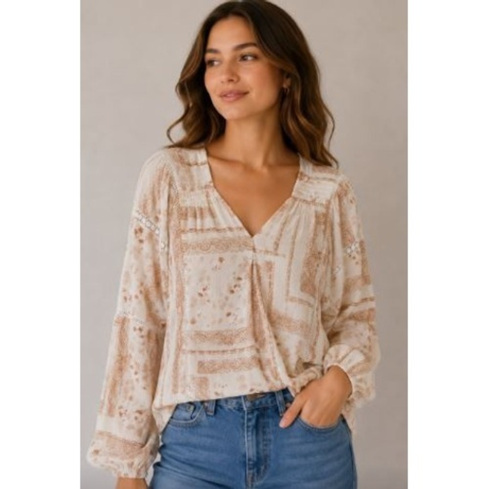 Tan Boho Peasant Top Sz. Medium Paisley Lace Wrap Crochet Ethereal Hippie Earthy
